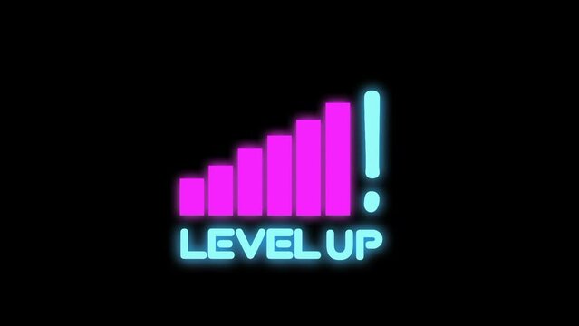 animated level up symbol neon text