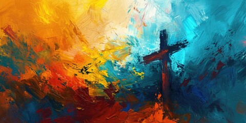 Resurrection: Vibrant Abstract Painting of Cross and Calvary Scene - obrazy, fototapety, plakaty