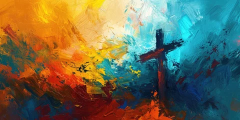 Fotobehang Resurrection: Vibrant Abstract Painting of Cross and Calvary Scene © AIGen
