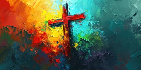 Calvary Cross: Abstract Painting. A Christian Illustration of Resurrection and Faith. - obrazy, fototapety, plakaty