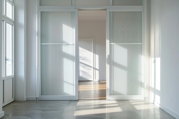 Modern White Sliding Door with Textured Glass in Interior Background. Spacious Room for Property, Relocation, and Home Design Concepts