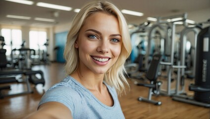 Obraz premium Close-up selfie of a young, attractive white woman with blonde hair and blue eyes, wearing a casual grey t-shirt in a well-equipped gym, radiating a healthy and vibrant energy.