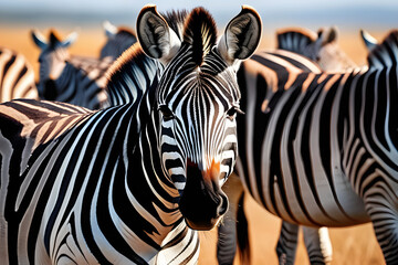 Fototapeta na wymiar Striped African Wildlife Zebra Portrait Close Up With Herd In The Background On Safari