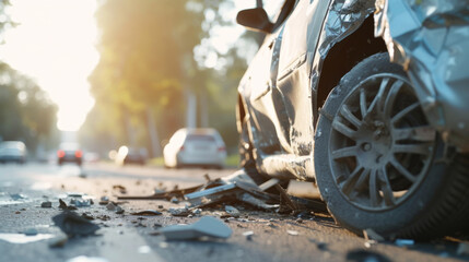 Damaged silver car with a dented door and shattered front section, indicating a recent car accident on a sunlit road with debris scattered around. - obrazy, fototapety, plakaty