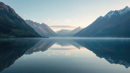 Reflection of dawn on a calm lake with the majesty of misty mountains - obrazy, fototapety, plakaty