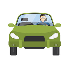 Man is a car driver. Driving a vehicle, vector illustration