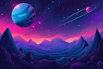  a mystical cosmic landscape with vibrant colors. A large planet and a comet adorn the starry sky above serene mountains - obrazy, fototapety, plakaty