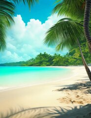 A serene tropical beach with palm trees and a clear blue sky
