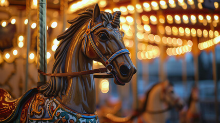 Fototapeta na wymiar Carousel horse with colorful bokeh light background
