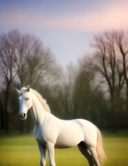 Obraz na płótnie Canvas A white horse stands majestically in a grass field, with a backdrop of trees creating a fairytale atmosphere