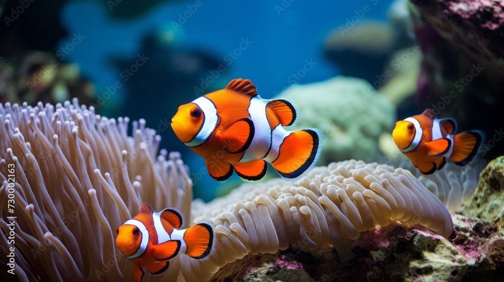 Wall mural Close-up of cute clown fish, anemone fish (Amphiprion ocellaris) swimming near coral reefs in the ocean. Marine life, aquarium, animals, nature concepts.