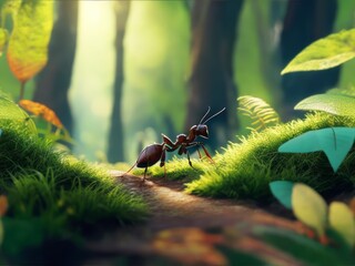 An ant exploring the forest floor, surrounded by lush green foliage and tall trees