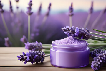 Obraz na płótnie Canvas Purple lavender flowers and bath salt in a glass jar with a blurred background of a lavender field.