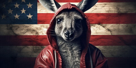 Kangaroo against digitally generated American flag in grunge , Australia Day,  - obrazy, fototapety, plakaty