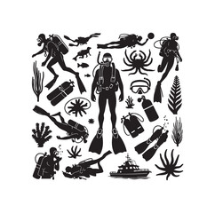 Vector scuba diving set silhouette vector illustration design
