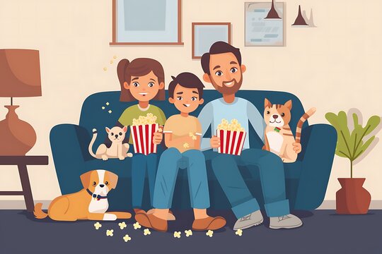 A family sitting on a couch, watching a movie and eating popcorn, with their dog and cat joining them