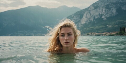 Serene Blonde Woman Embracing Tranquility in Mountain Lake Waters