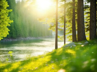 The suns rays reflecting in a calm river flowing through a lush forest, surrounded by tall trees and vibrant green grass