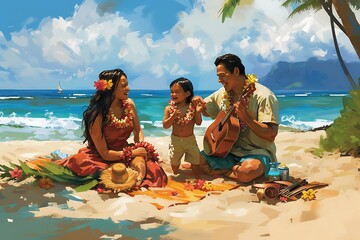 A family of Native Hawaiians enjoying a picnic on the beach, with a ukulele and a flower lei - obrazy, fototapety, plakaty