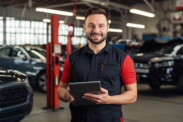 Automotive service advisor with tablet in hands, in car repair shop. 