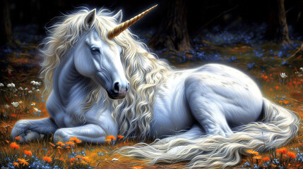 white unicorn with a long golden horn and flowing mane lies in a forest glade surrounded by flowers and gentle light