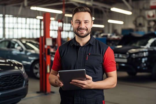 Automotive service advisor with tablet in hands, in car repair shop. 