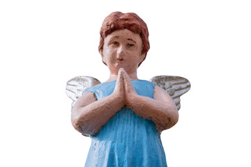 Cute little angel folded hands in prayer. White background (concept: child loss, child death)