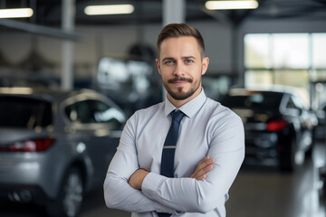 Portrait of car salesman standing in front of new vehicles in car dealership. 