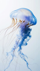 Aesthetic light blue jellyfish floating against light backdrop. Ocean ecosystem concept. Generative AI