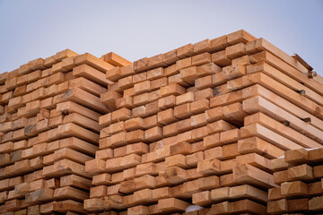 A pile of wood with a layer of snow on top, showcasing the wintry weather conditions. A tall and sturdy pile of wooden planks stacked atop one another in a stable manner.