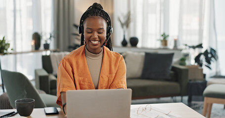 Black woman, headset with laptop and phone call, virtual assistant or crm in home office. Remote work girl at desk with computer, typing and conversation for advice, online chat and help in apartment - obrazy, fototapety, plakaty