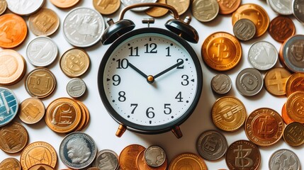 Clock in wall clock in the center surround by coins. time is money conceptthe center and surround by coins