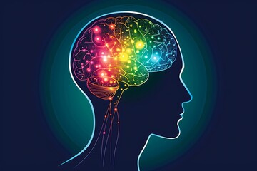 A creative illustration of a human brain glowing in different colors on a dark background