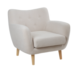 wide upholstered armchair with fabric upholstery on wooden legs in retro style, isolated on a white background