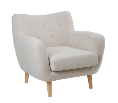 wide upholstered armchair with fabric upholstery on wooden legs in retro style, isolated on a white background