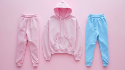 flat lay shoot of jumper and pants, pastel background