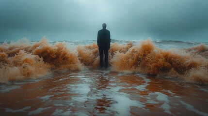 Obraz premium Man standing in the middle of dirty ocean