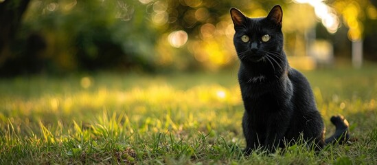 Black cat is sitting on the grass.