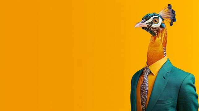 a beautiful peafowl wearing a suit with a tie on a plain yellow background on the left side of the image and the right side blank for text