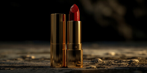 Lipstick: Luxurious gold bullet casing with a blank label - obrazy, fototapety, plakaty