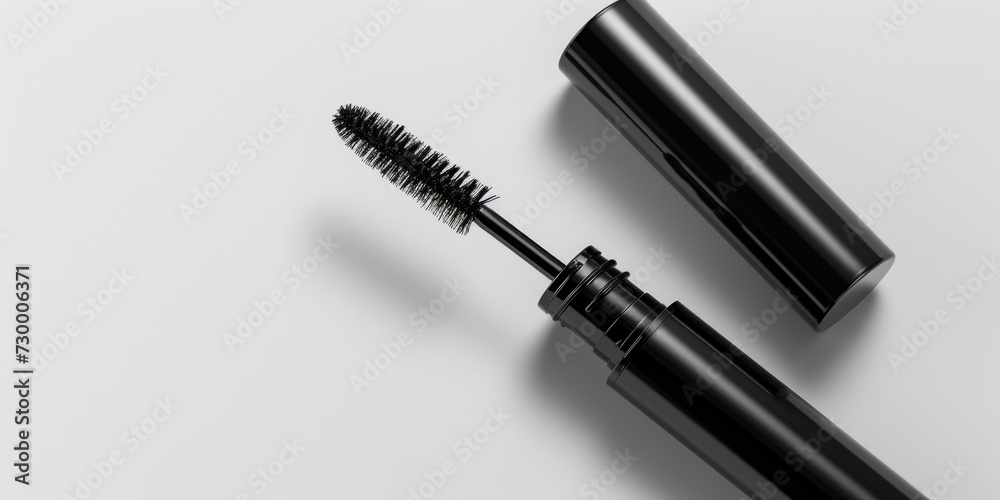 Sticker Mascara: Sleek black tube with a blank label and a wand showcasing the brush