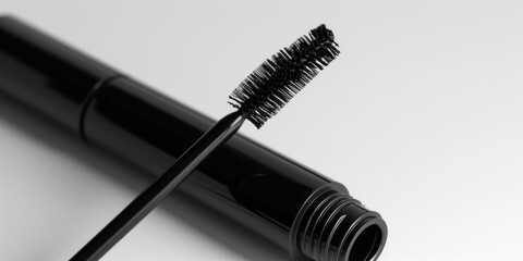Mascara: Sleek black tube with a blank label and a wand showcasing the brush