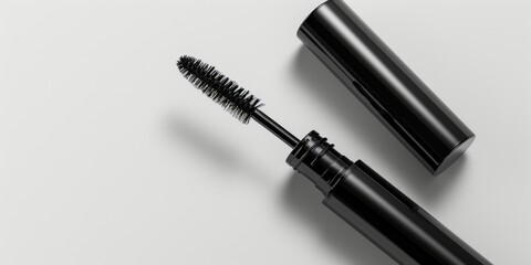 Mascara: Sleek black tube with a blank label and a wand showcasing the brush