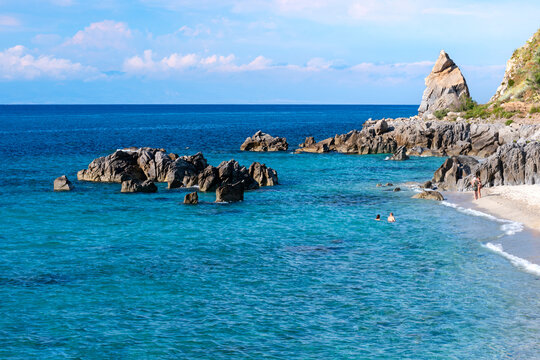 Parghelia coast, Vibo Valentia district, Calabria, Italy, La Pizzuta rock seen from Michelino beach
