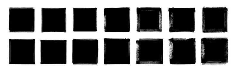 Set of vector grunge ink brush stroke hand-painted squares. Black ink abstract geometric shape collection. Grunge punk rough edge frames. Text box black backgrounds. Dirty grungy distressed rectangles - 730006717