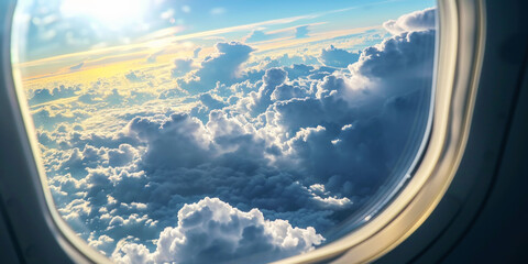 Sky view from an airplane window. White-blue clouds, sun rays. Travel by plane concept. Generative AI