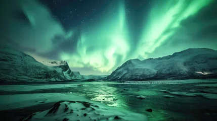 Fotobehang Vibrant and dynamic view of the Aurora Borealis in deep green swirling above the snow-capped mountains © boxstock production