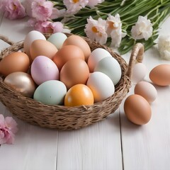Basket of Eggs on White Wood floor with copy-space. Painted Easter Eggs with Flowers.