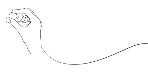 Hand holding a coin in line art style on a white background. Money in hand continuous line drawing. Vector illustration. 