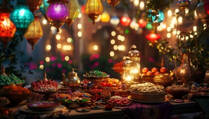 Eid ul Fitr, with colorful lanterns, ornate decorations, and a festive spread of sweets and delights, creating a delightful scene - obrazy, fototapety, plakaty